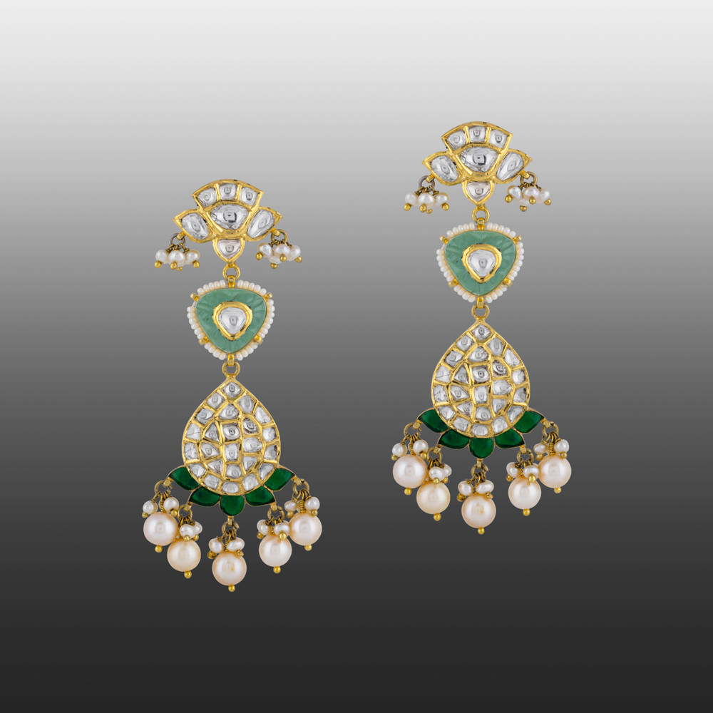 Uncut Diamond Polki Earrings with Carved Emerald & Pearls